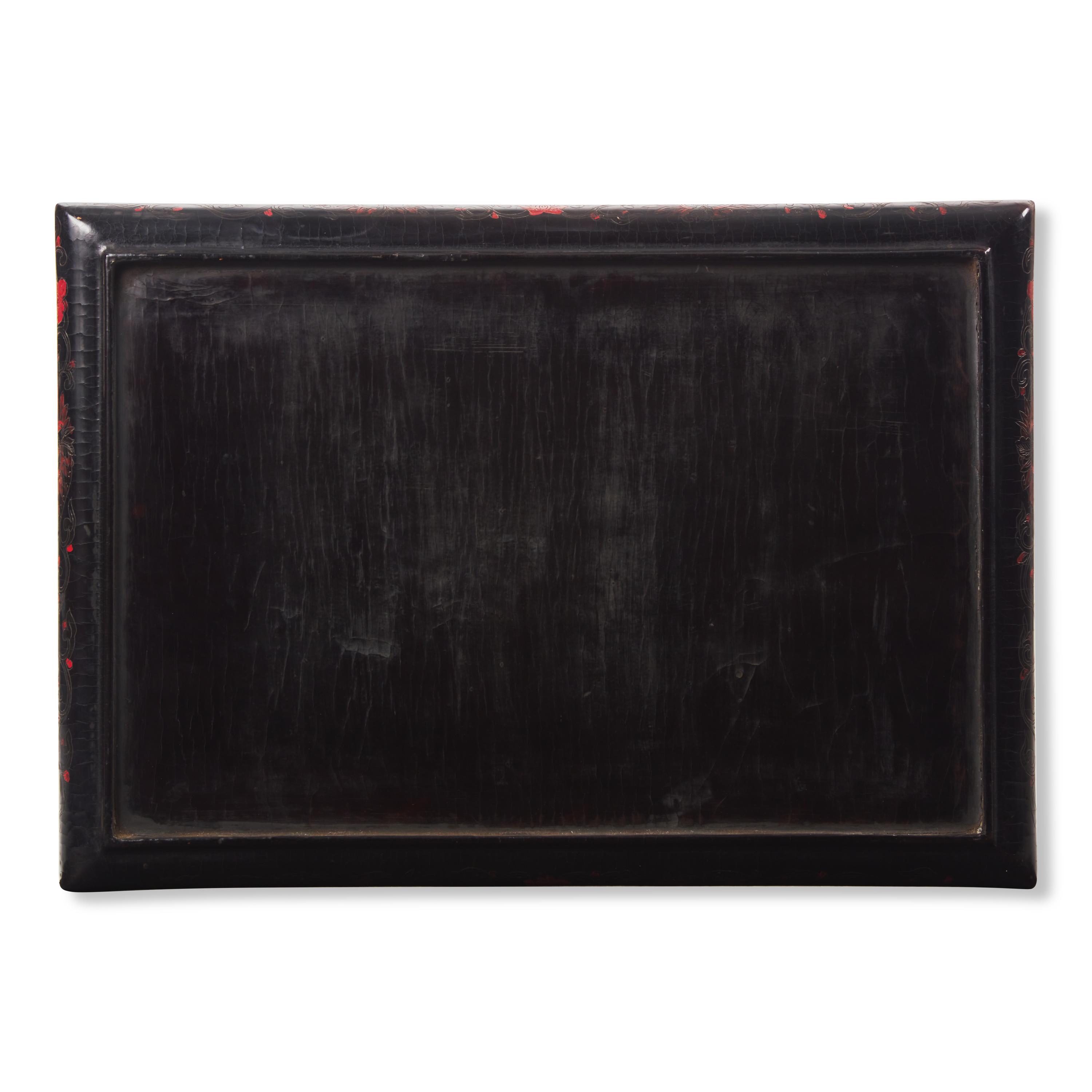 A Chinese Qiangjin and Tianqi Lacquer Rectangular Tray, 19th Century 清中期 戧金填漆花鳥圖長方盤