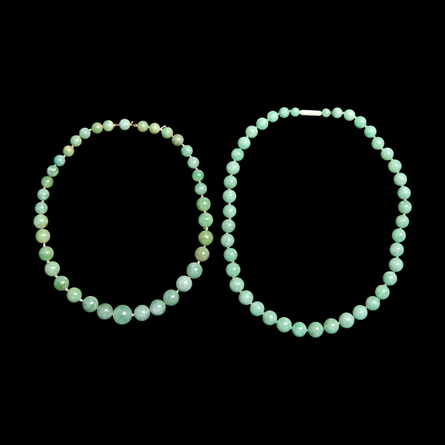 Two Chinese Green Jadeite Necklaces 翡翠珠鏈两条