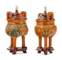A Pair of Chinese Sancai Glazed Porcelain Tripod Ding Vessels