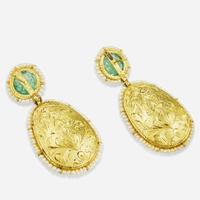 A Pair of 18K Yellow Gold, Polki Diamond, Pearl, and Emerald Earrings