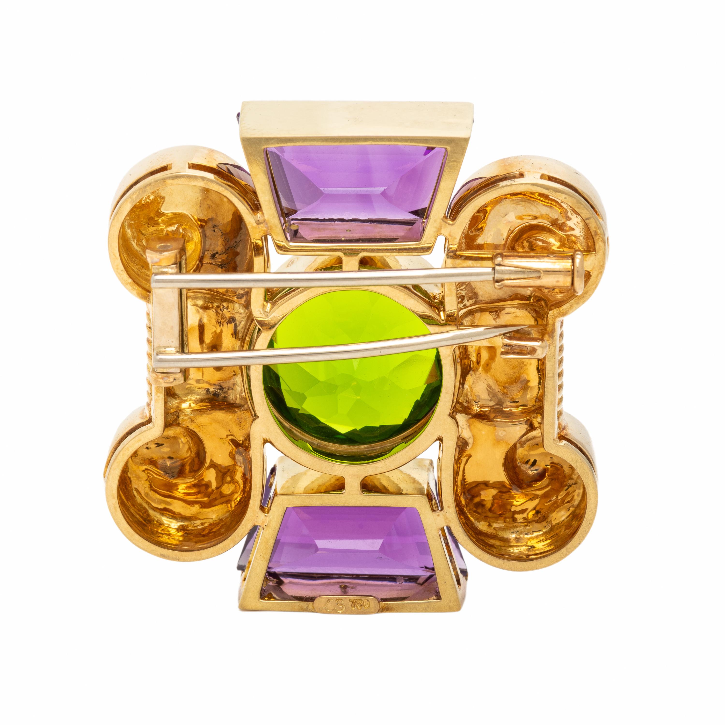 Lois Sasson, Green Glass, Amethyst, and Yellow Gold Brooch