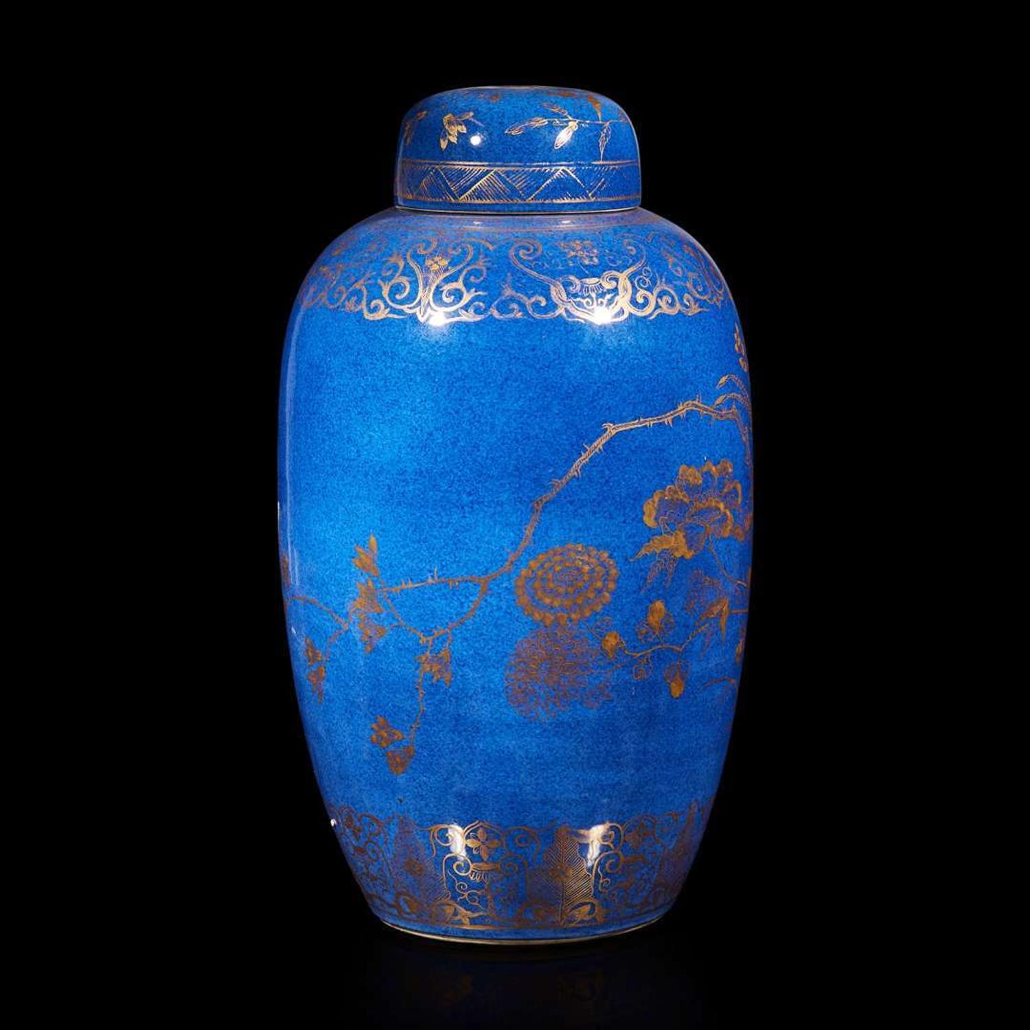 A Chinese powder blue and gilt decorated ovoid jar and cover 灑藍地描金蓋罐