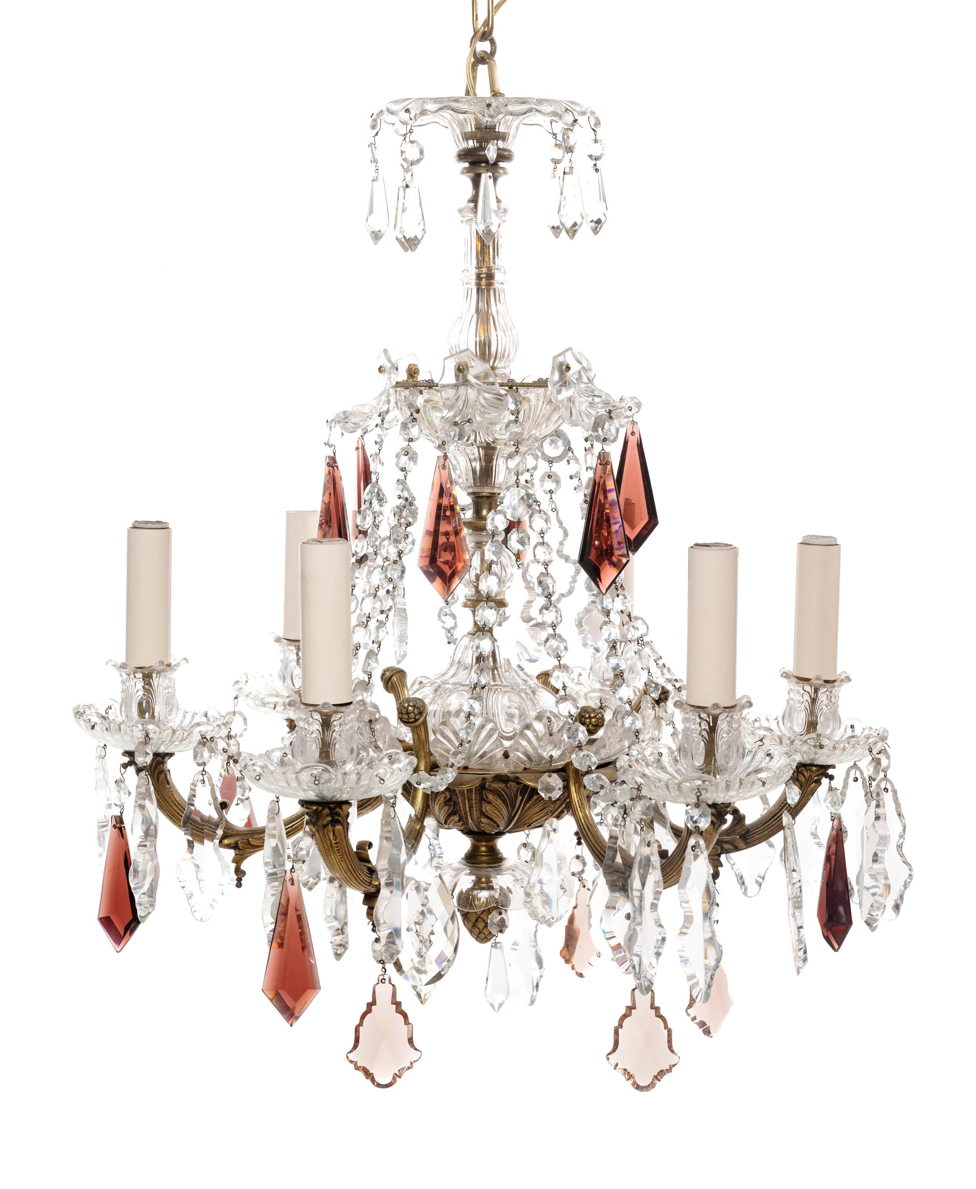 A Georgian Style Gilt Metal and Cut Glsss Six-Light Chandelier
