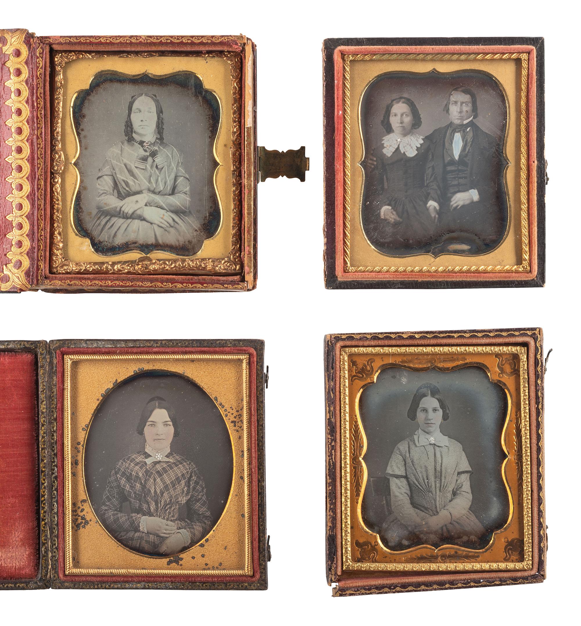 [EARLY PHOTOGRAPHY]. A group of daguerreotypes featuring women with embellished jewelry and accessories, including: