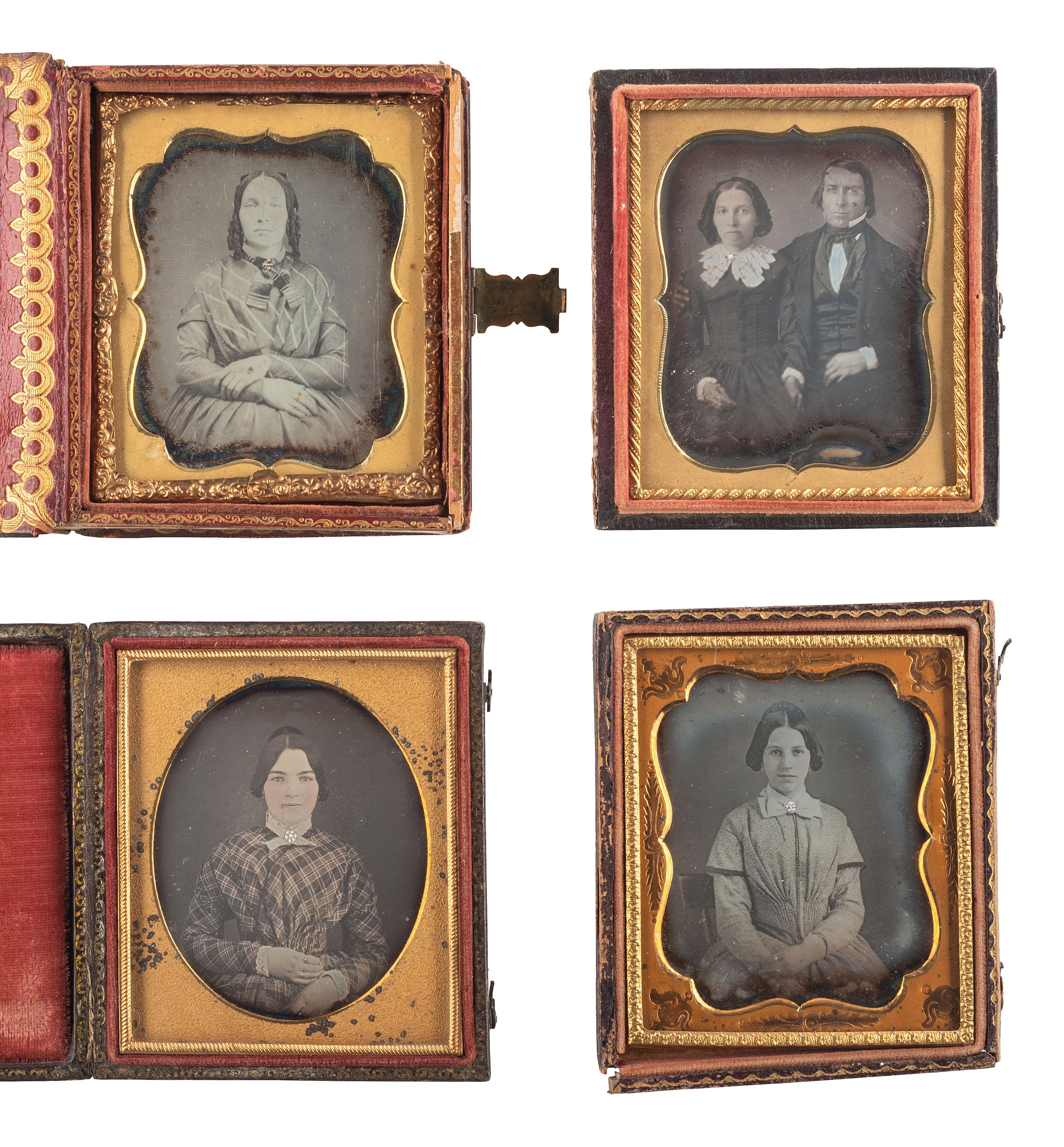 [EARLY PHOTOGRAPHY]. A group of daguerreotypes featuring women with embellished jewelry and accessories, including: