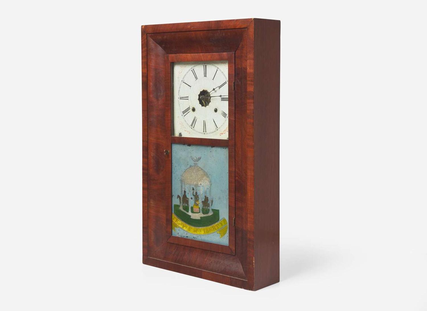 A rare Classical mahogany "Temple of Liberty" mantel clock, bears printed paper label of Terhune & Edwards, New York, circa 1834