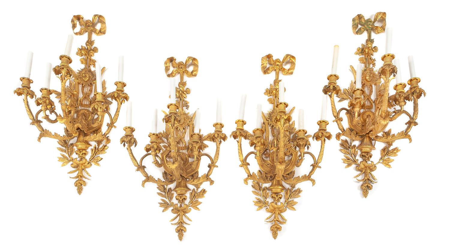 A Set of Four Louis XV Style Gilt Bronze Five-Light Sconces Height 36 x width 19 x depth 13 inches. — LATE 19TH/EARLY 20TH CENTURY