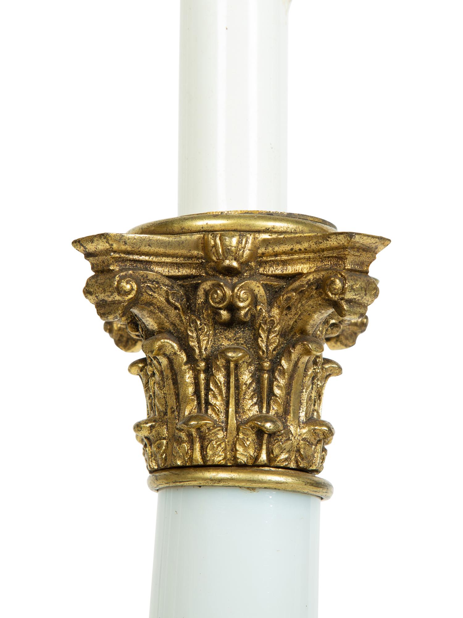 A Pair of White Opaline Glass and Gilt Metal Mounted Neoclassical Column-Form Table Lamps — 20TH CENTURY