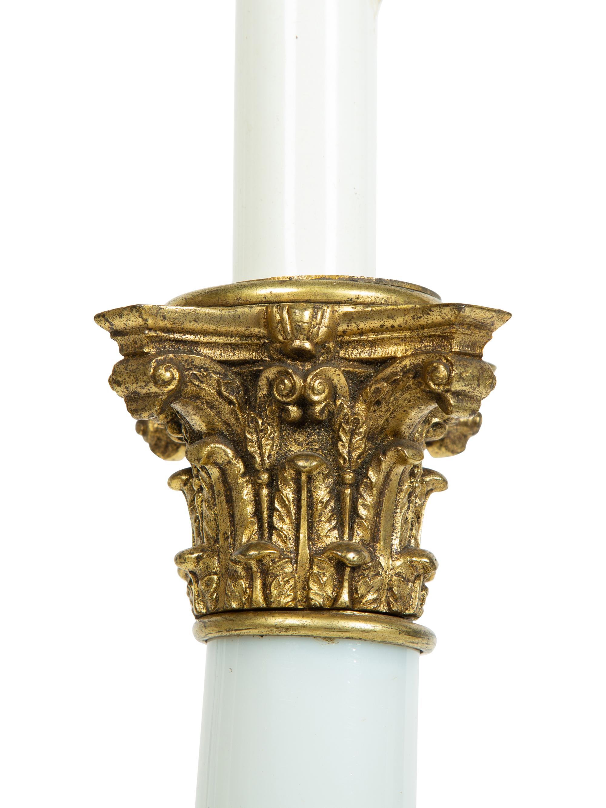 A Pair of White Opaline Glass and Gilt Metal Mounted Neoclassical Column-Form Table Lamps — 20TH CENTURY