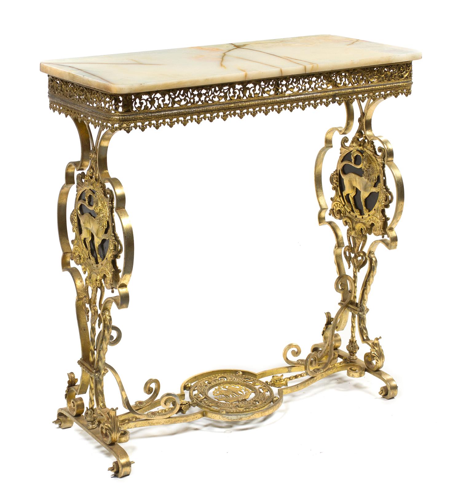 An American Neoclassical Marble and Gilt Metal Console Table, Height 34 1/8 x width 33 7/8 x depth 15 inches.