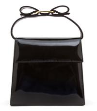 A Ferragamo Vara Bow Black Patent Two Way Handbag, 6" x 6.5" x 2.75".