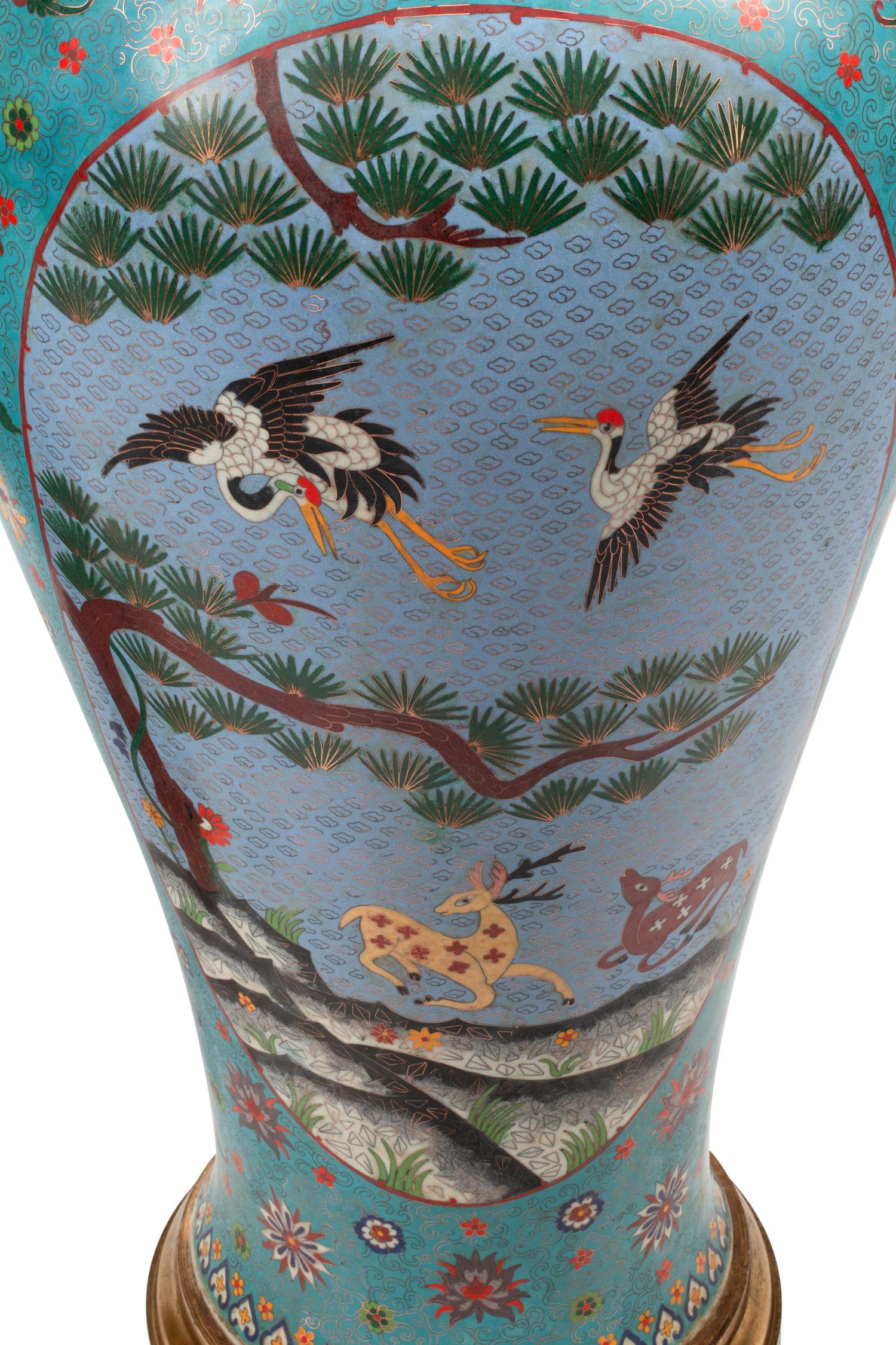 A Pair of Large Chinese Cloisonné-on-Porcelain Vases with Gilt Bronze Stands