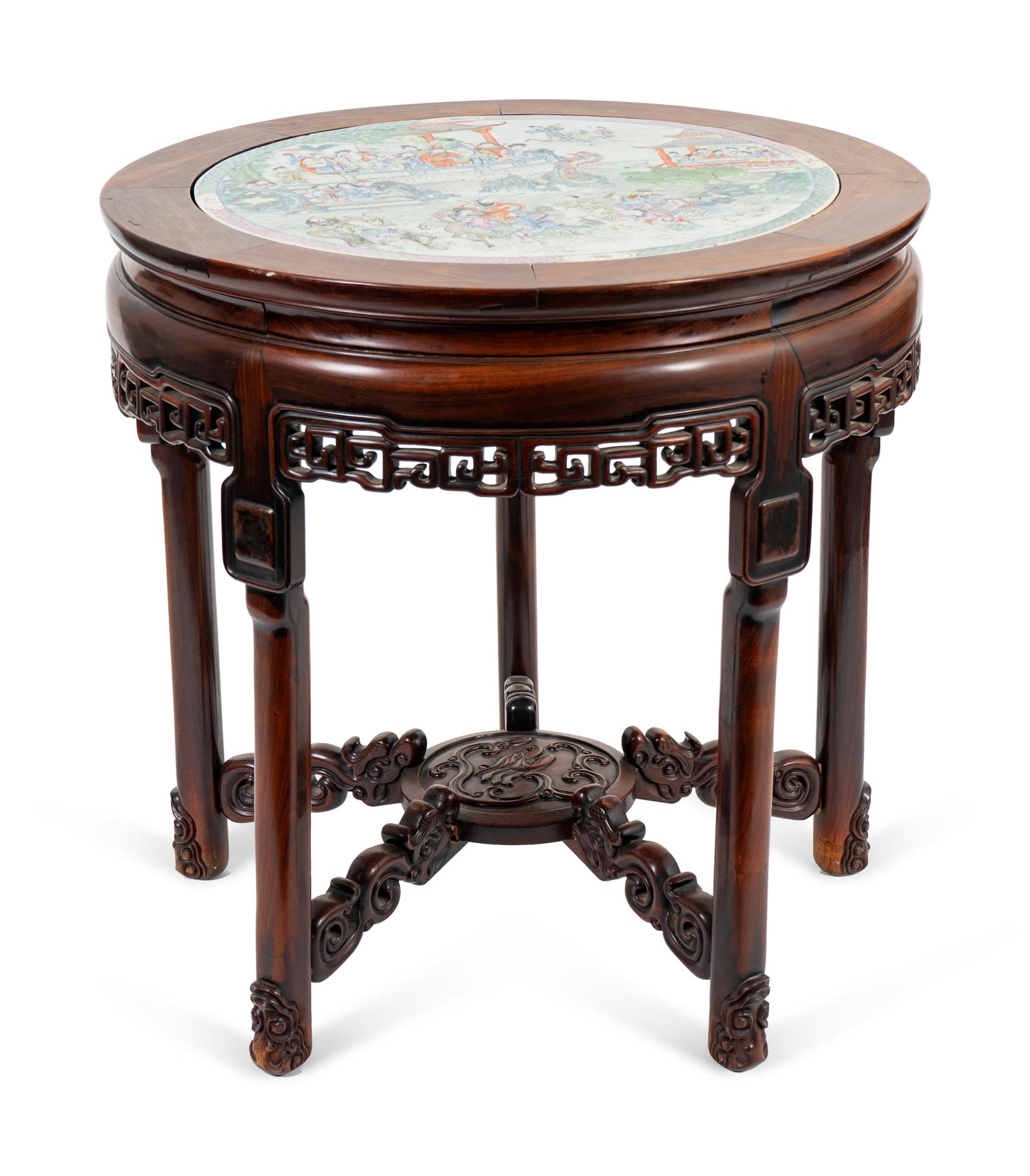 A Chinese Carved Rosewood Center Table with Famille Verte Porcelain Inset Top — LATE 19TH/EARLY 20TH CENTURY