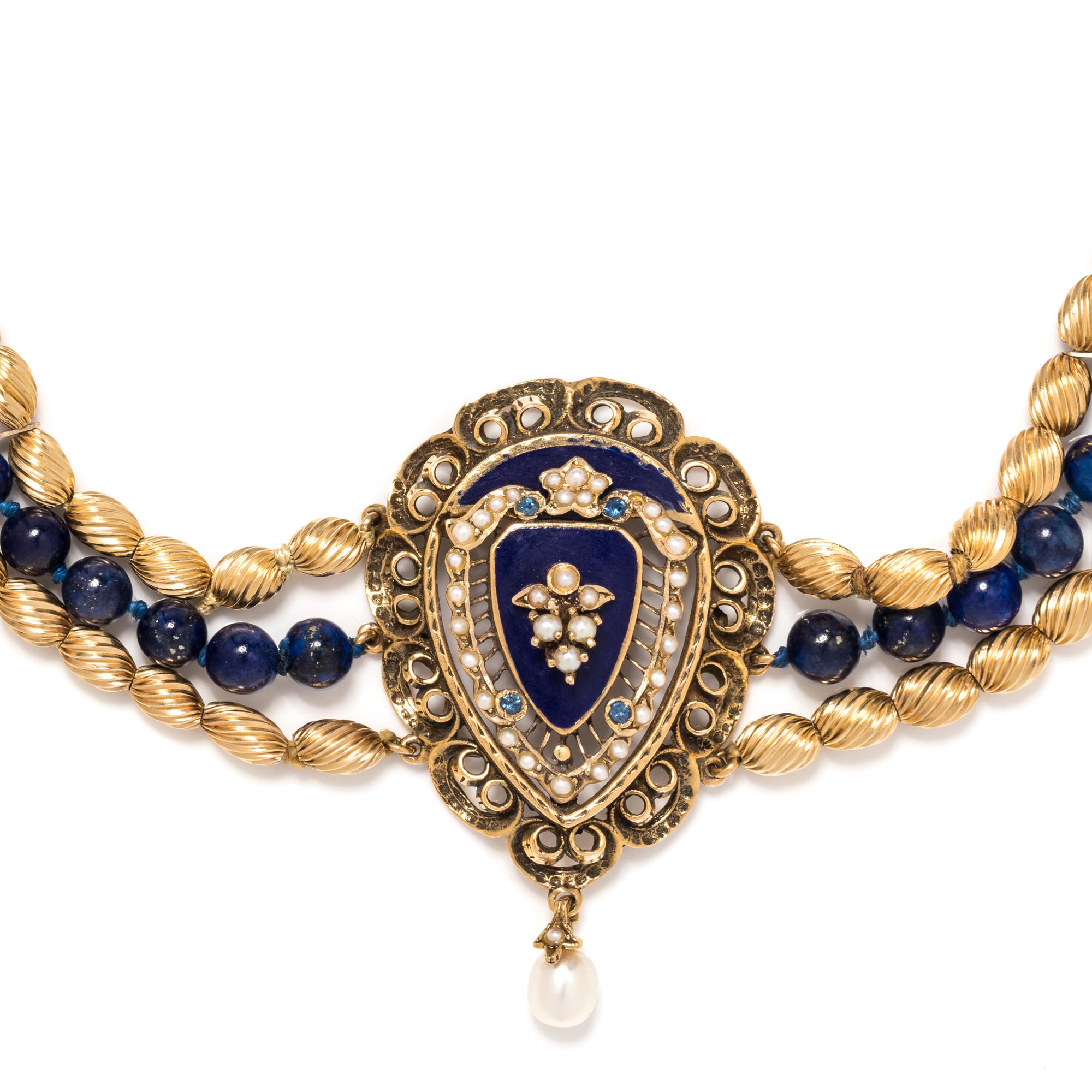 YELLOW GOLD, LAPIS LAZULI AND PEARL NECKLACE