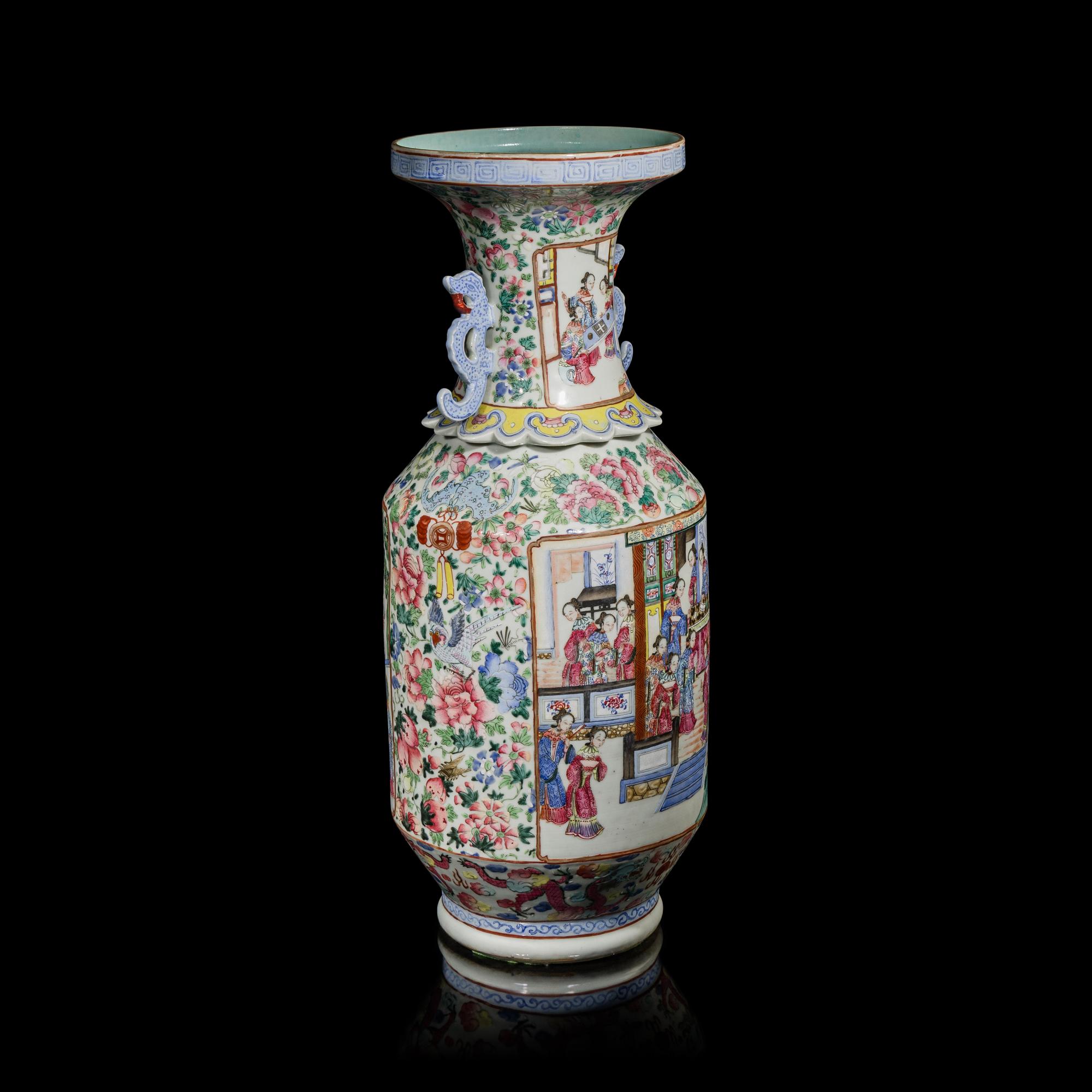 A Large Chinese Famille Rose Porcelain Vase, Late 19th Century — 清晚期 粉彩開光人物故事圖雙耳大賞瓶