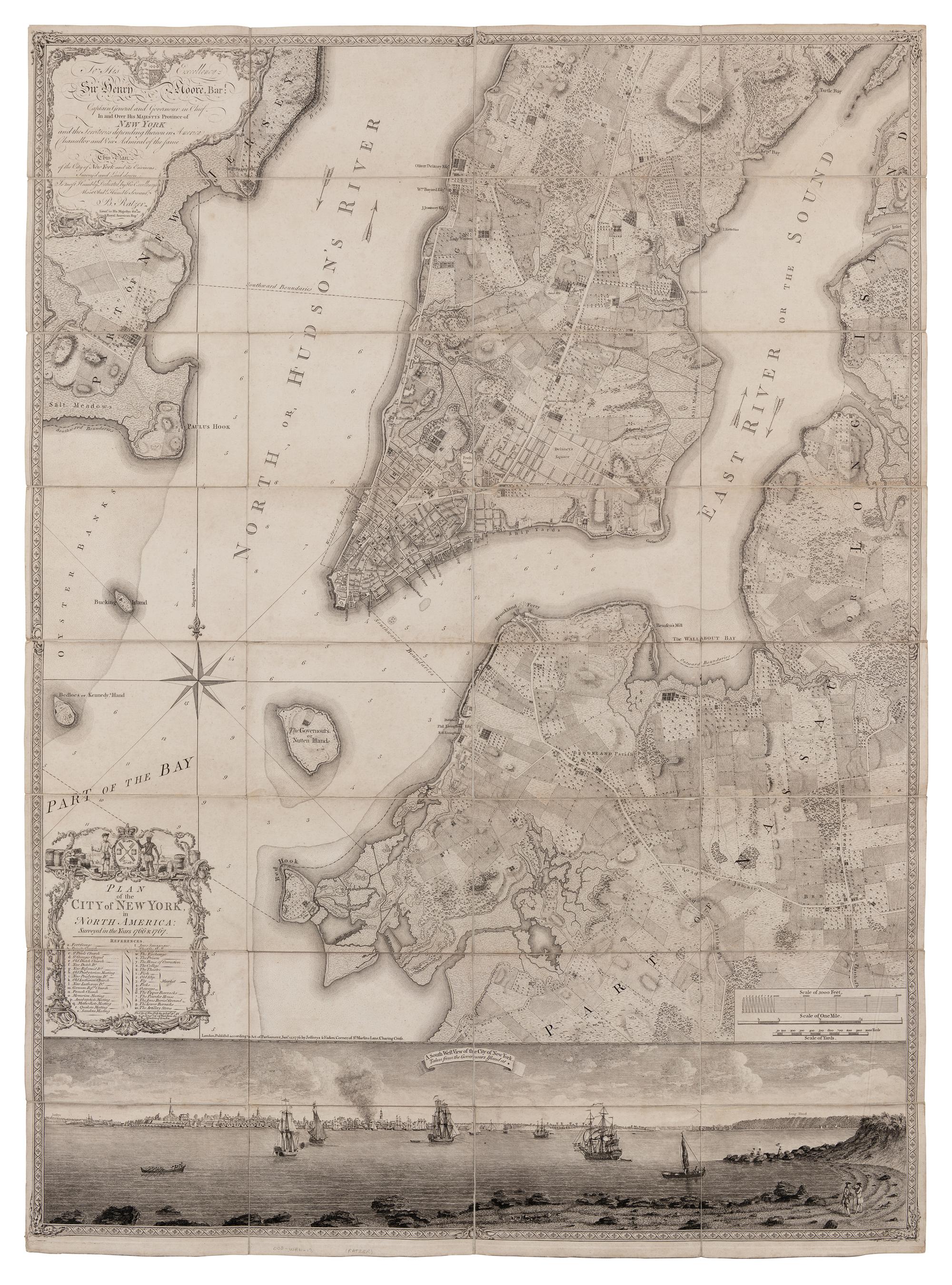 RATZER, Bernard (fl. 1756-1777). Plan of the City of New York in North America, surveyed in the years 1766 & 1767 . London: Jefferys and Faden, “Jan.y” 12, 1776.