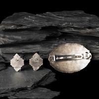 Don Lucas (American, 20th century) — Southwestern-style Sterling Silver and Cluster Inlay Hair Barrettes and Post Earrings