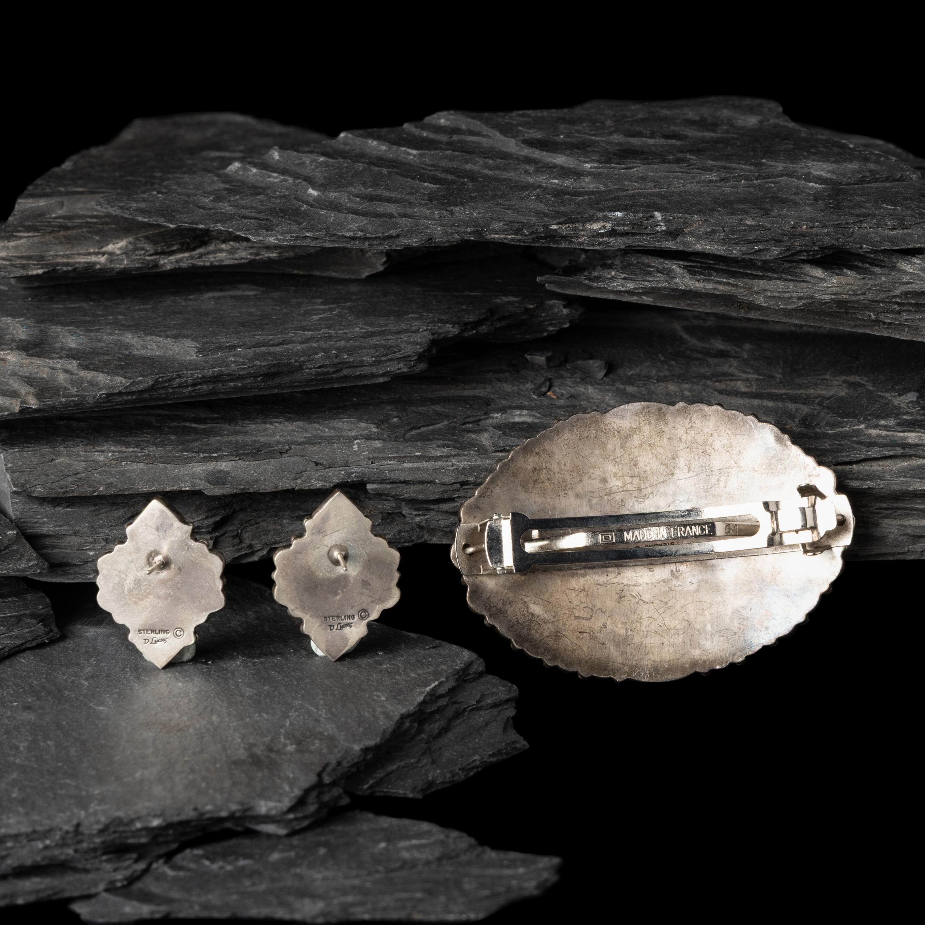 Don Lucas (American, 20th century) — Southwestern-style Sterling Silver and Cluster Inlay Hair Barrettes and Post Earrings