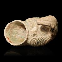 A Chinese Green Glazed Pottery 'Parrot' Rhyton Cup, Tang Dynasty 唐 綠釉鸚鵡杯