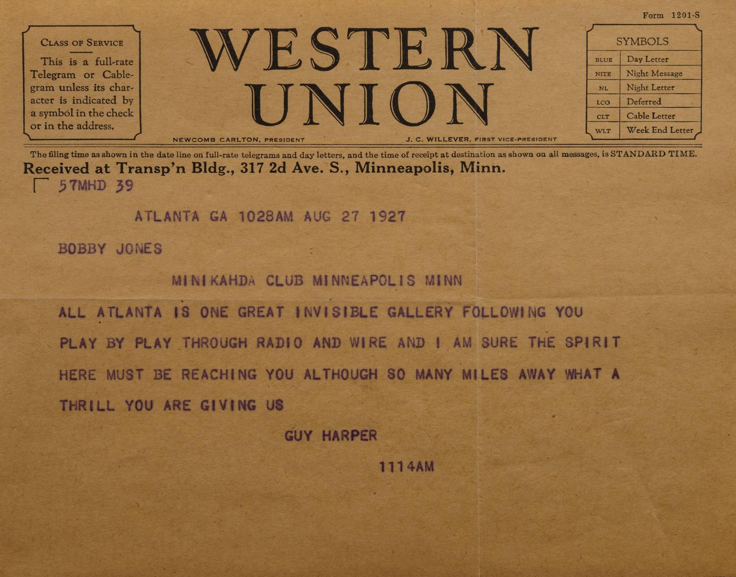A Group of Bobby Jones Personal Items, Including a Type One Photograph with Eugene Homans and a Western Union Telegram Sent during the 1927 U.S. Amateur Championship,