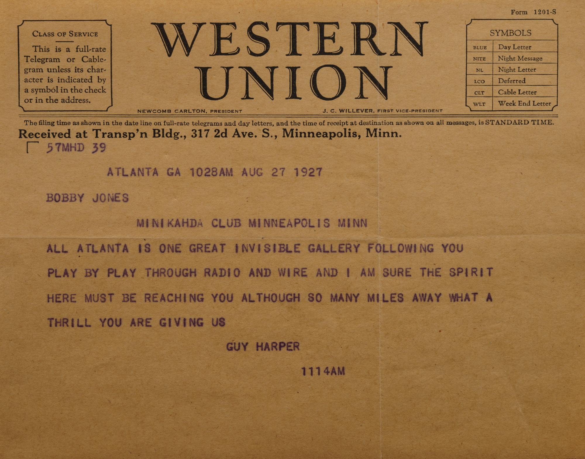 A Group of Bobby Jones Personal Items, Including a Type One Photograph with Eugene Homans and a Western Union Telegram Sent during the 1927 U.S. Amateur Championship,