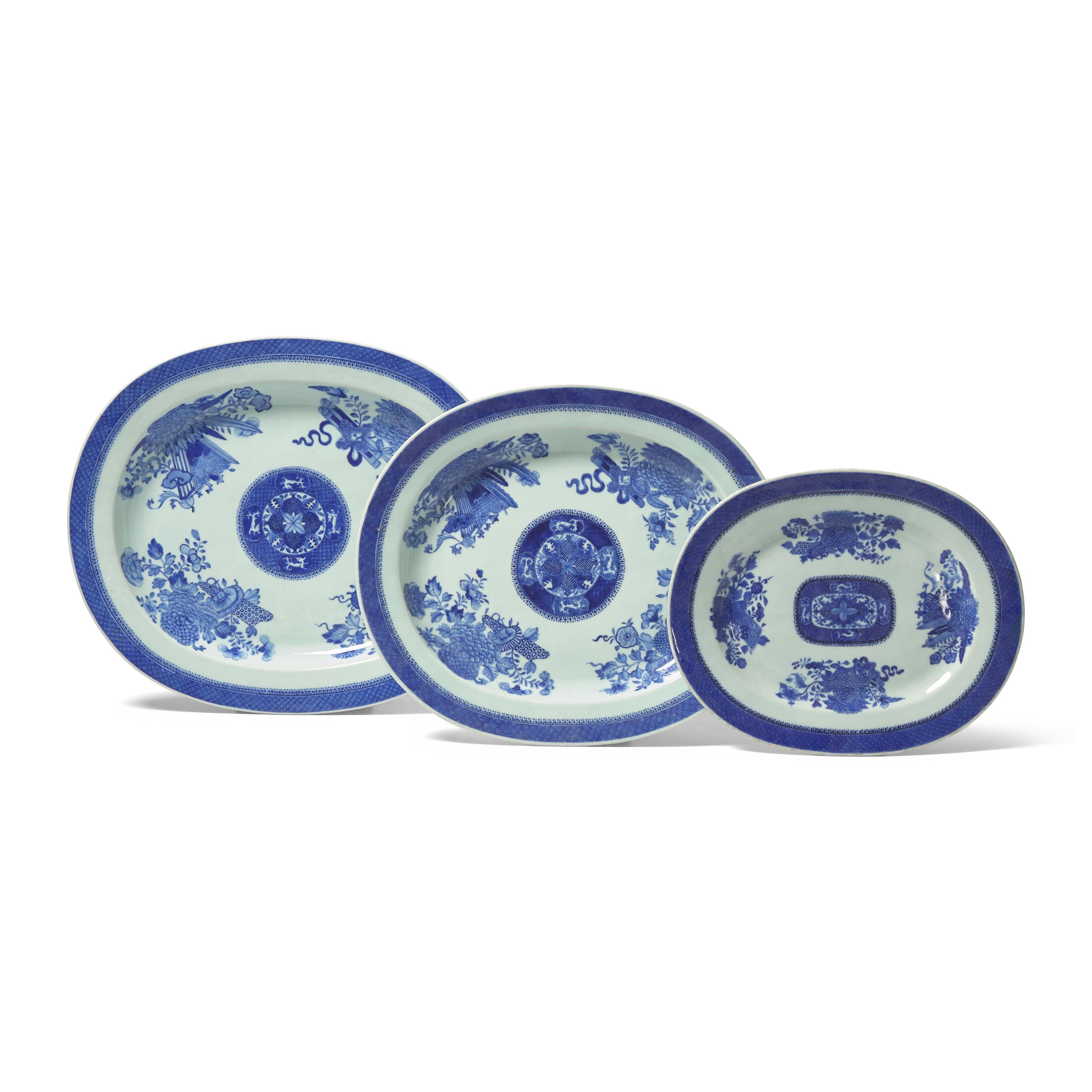 A Group of Three Chinese Export Porcelain Blue Fitzhugh Platters