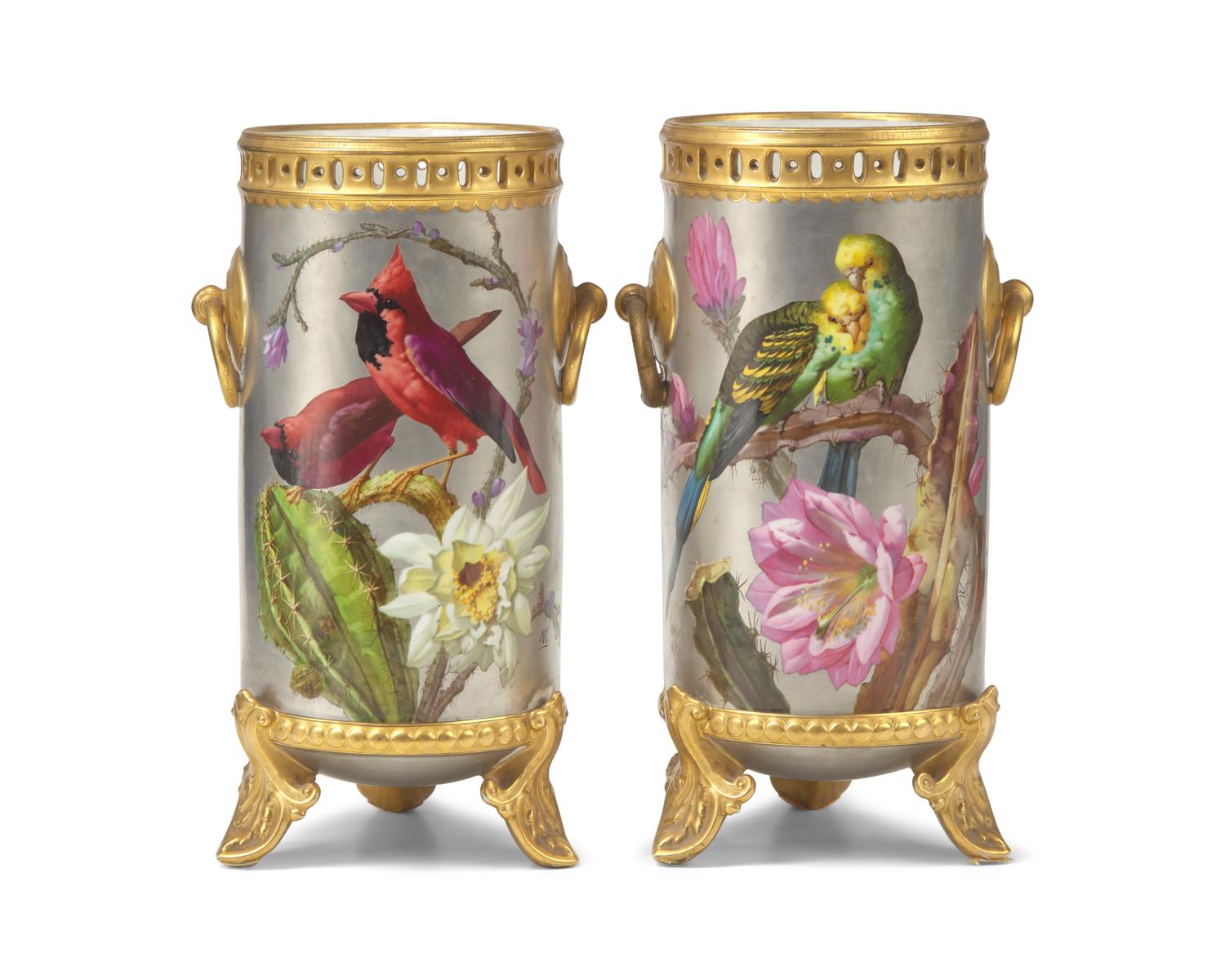 A Pair of Hand-Painted Paris Porcelain Reticulated Vases