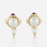 A Pair of Mabé Pearl, Cultured Pearl, Ruby, Sapphire, and 14K Gold Earrings