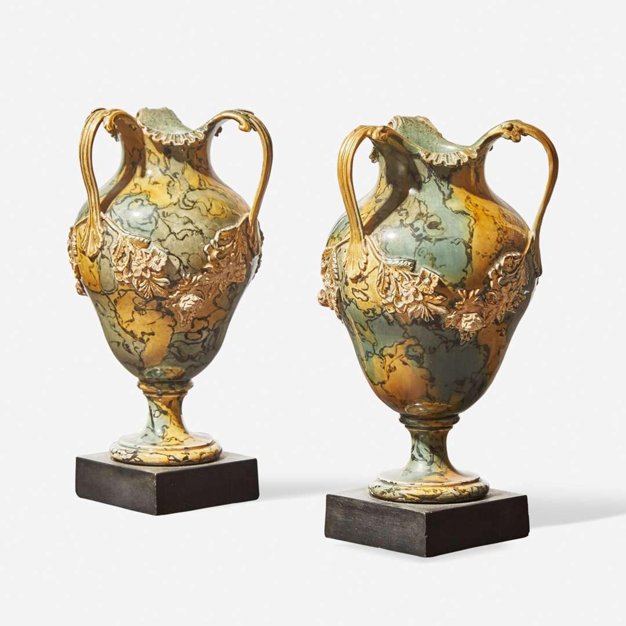 A Pair of Wedgwood & Bentley Variegated Three-Handled Vases UK, 1770s