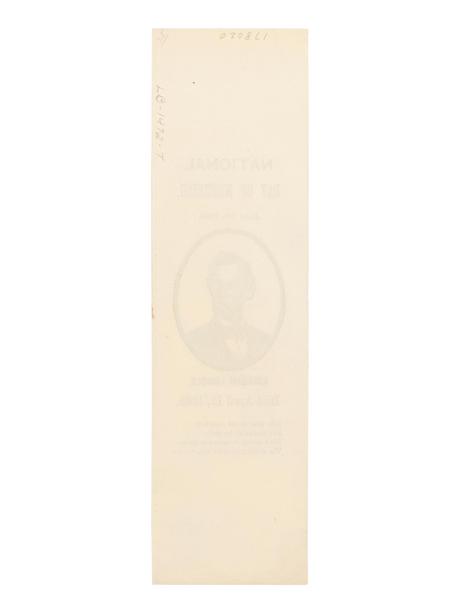 [LINCOLN'S FUNERAL]. A memorial ribbon, 1 June 1865.