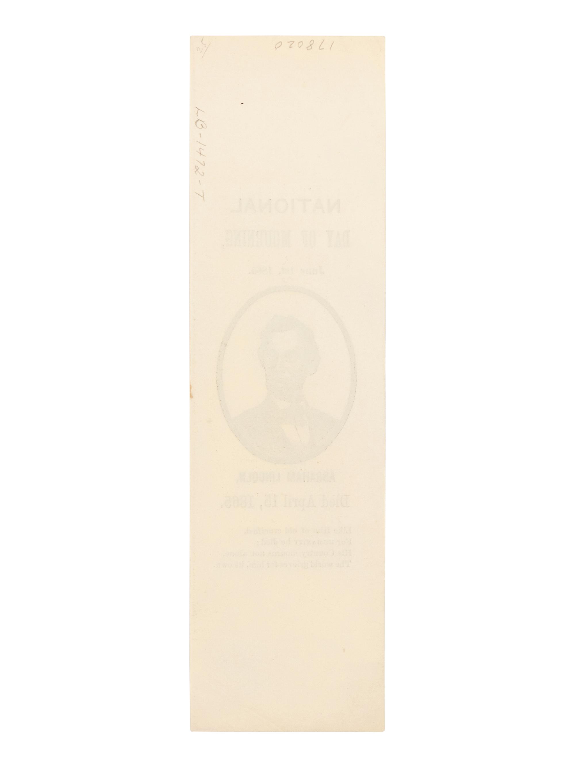 [LINCOLN'S FUNERAL]. A memorial ribbon, 1 June 1865.