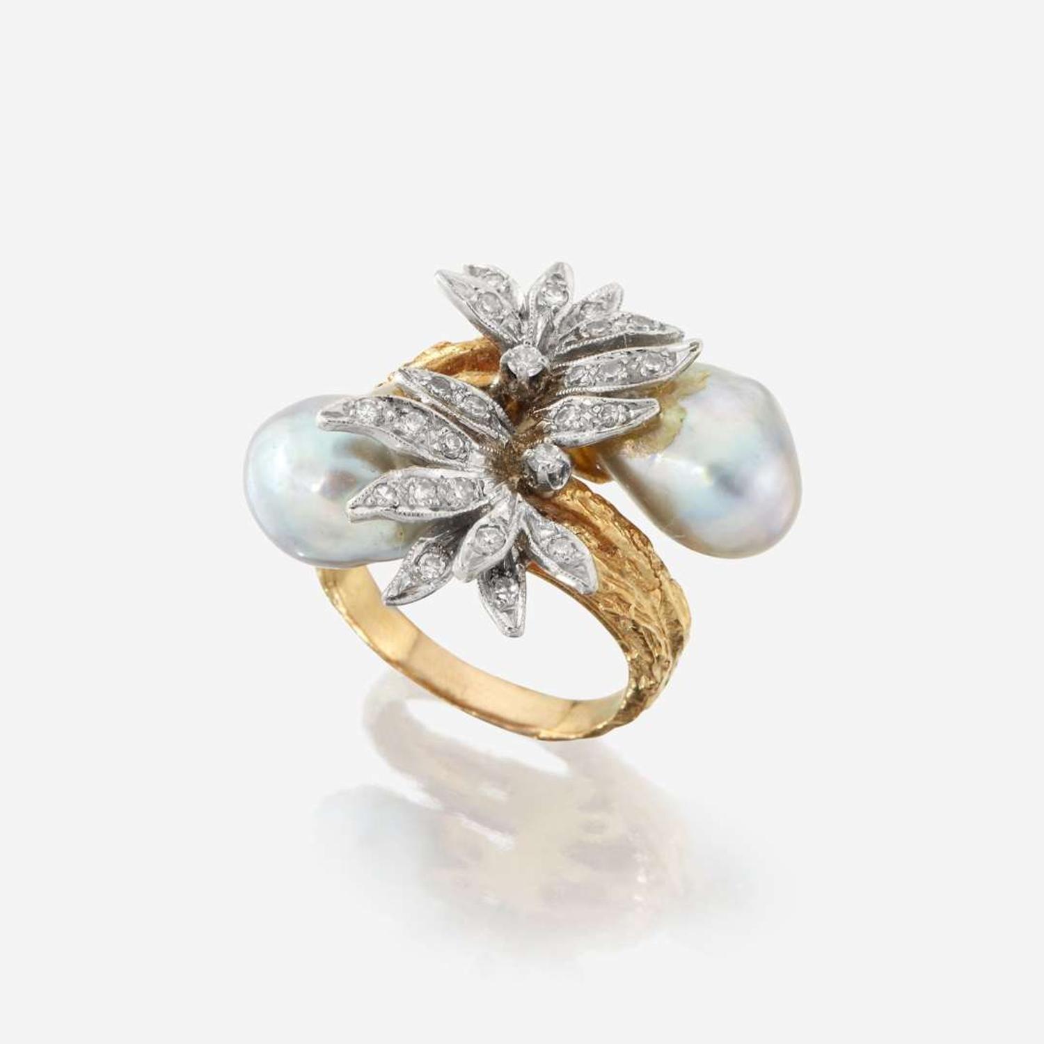 An eighteen karat gold, baroque cultured pearl, and diamond ring