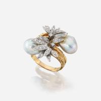 An eighteen karat gold, baroque cultured pearl, and diamond ring