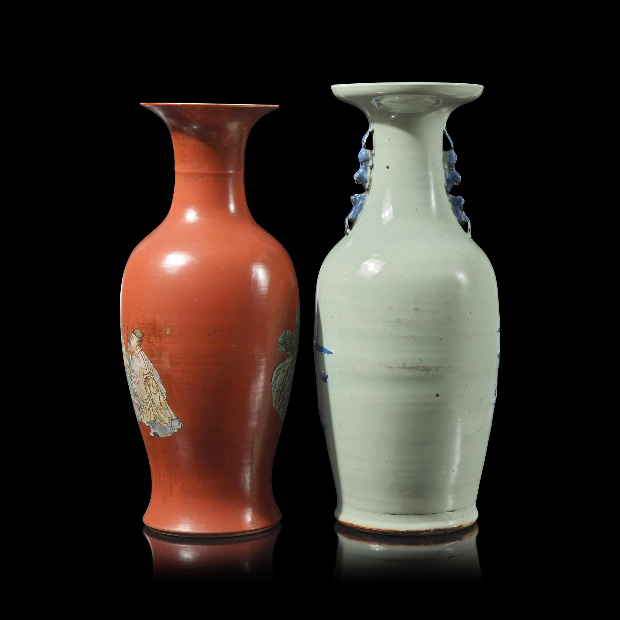 Two Large Chinese Porcelain 'Figural' Vases — 粉彩、青花人物圖賞瓶兩件