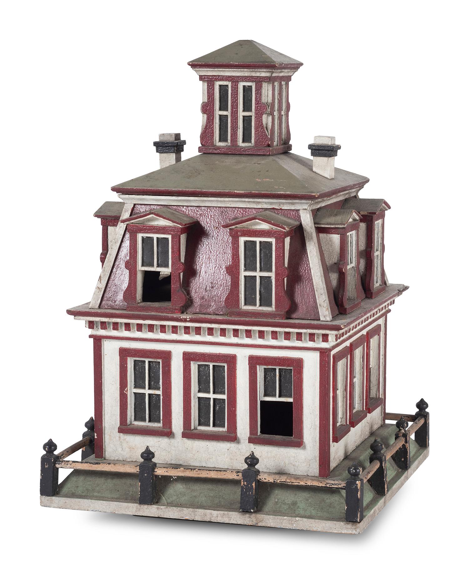 A Folk Art Painted Birdcage in the Form of a House