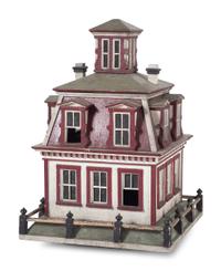 A Folk Art Painted Birdcage in the Form of a House
