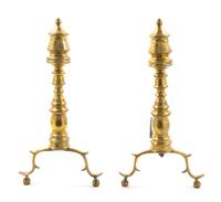 A Pair of William and Mary Brass Andirons Height 19 1/2 inches. — 18TH CENTURY