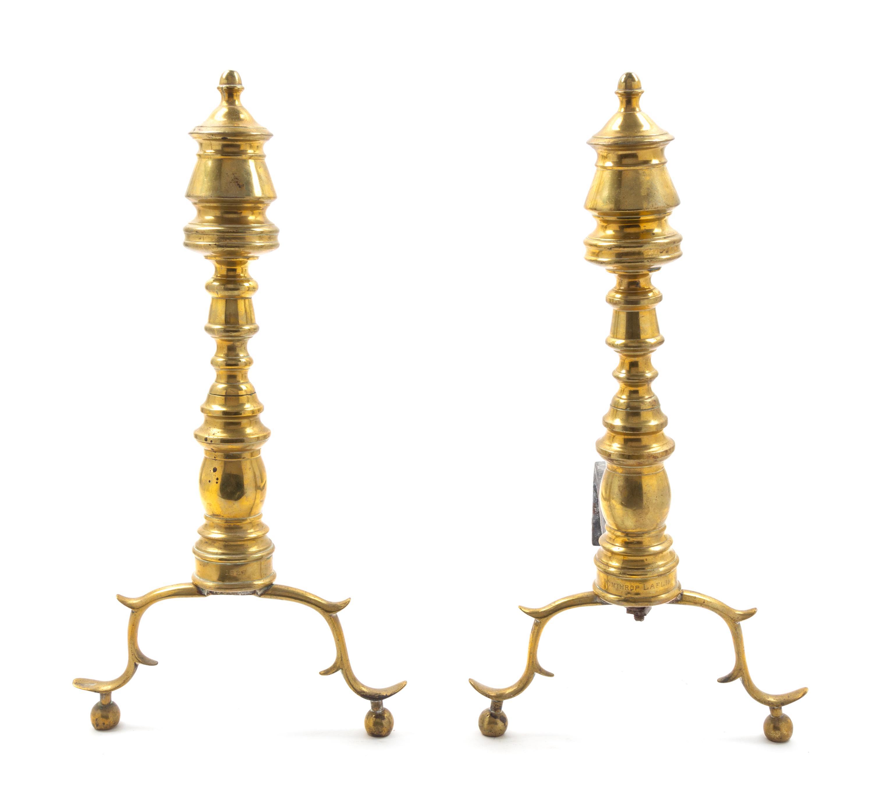 A Pair of William and Mary Brass Andirons Height 19 1/2 inches. — 18TH CENTURY
