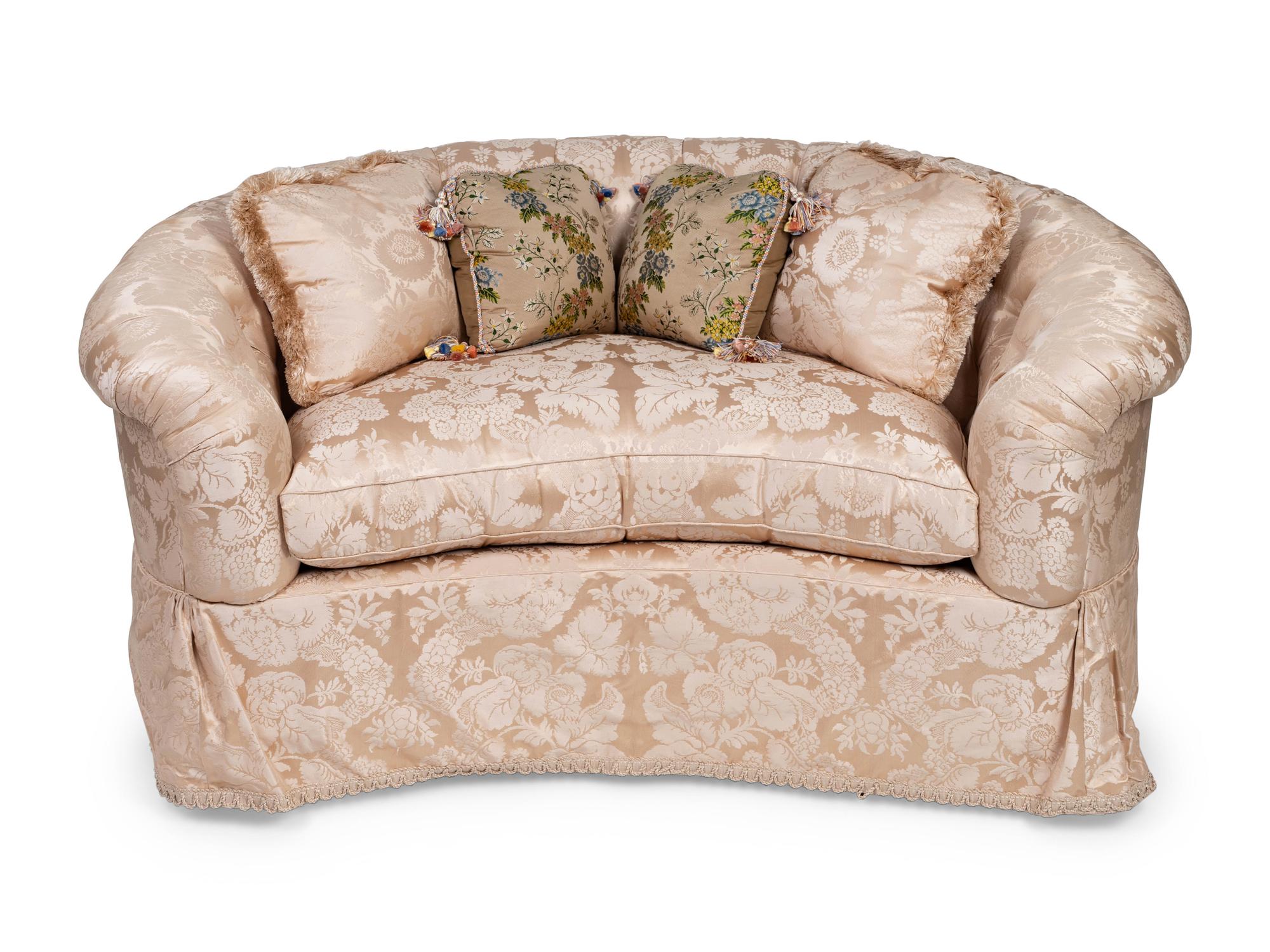 A Contemporary Damask-Upholstered Settee
