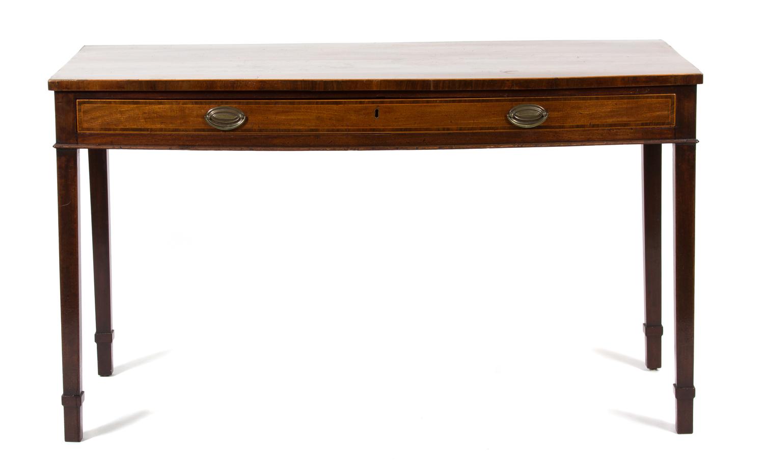 A George III Inlaid Mahogany Bow Front Sideboard Height 35 x width 60 1/2 x depth 28 inches. — 19TH CENTURY