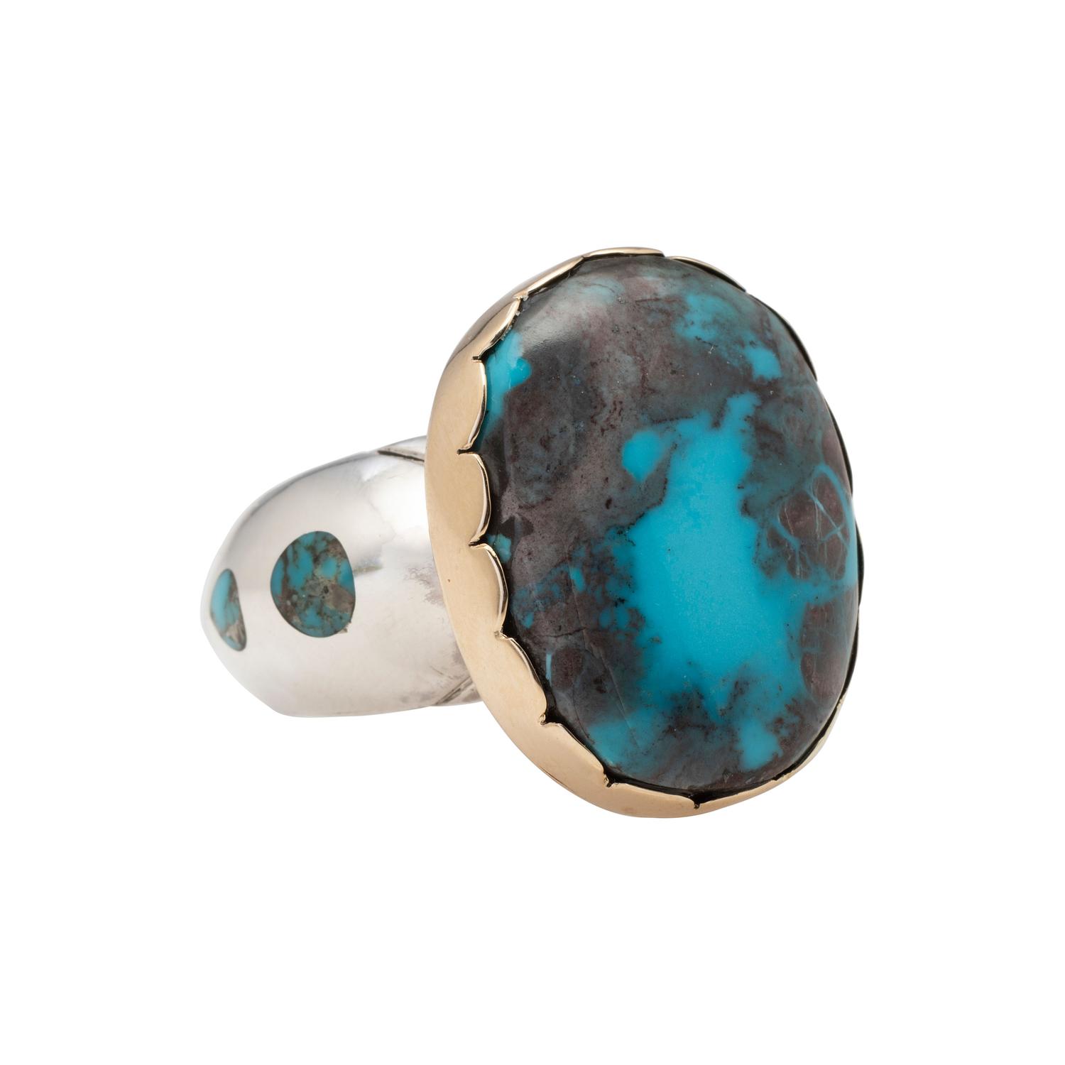 Sterling Silver, 14K Gold, and Bisbee Turquoise Ring