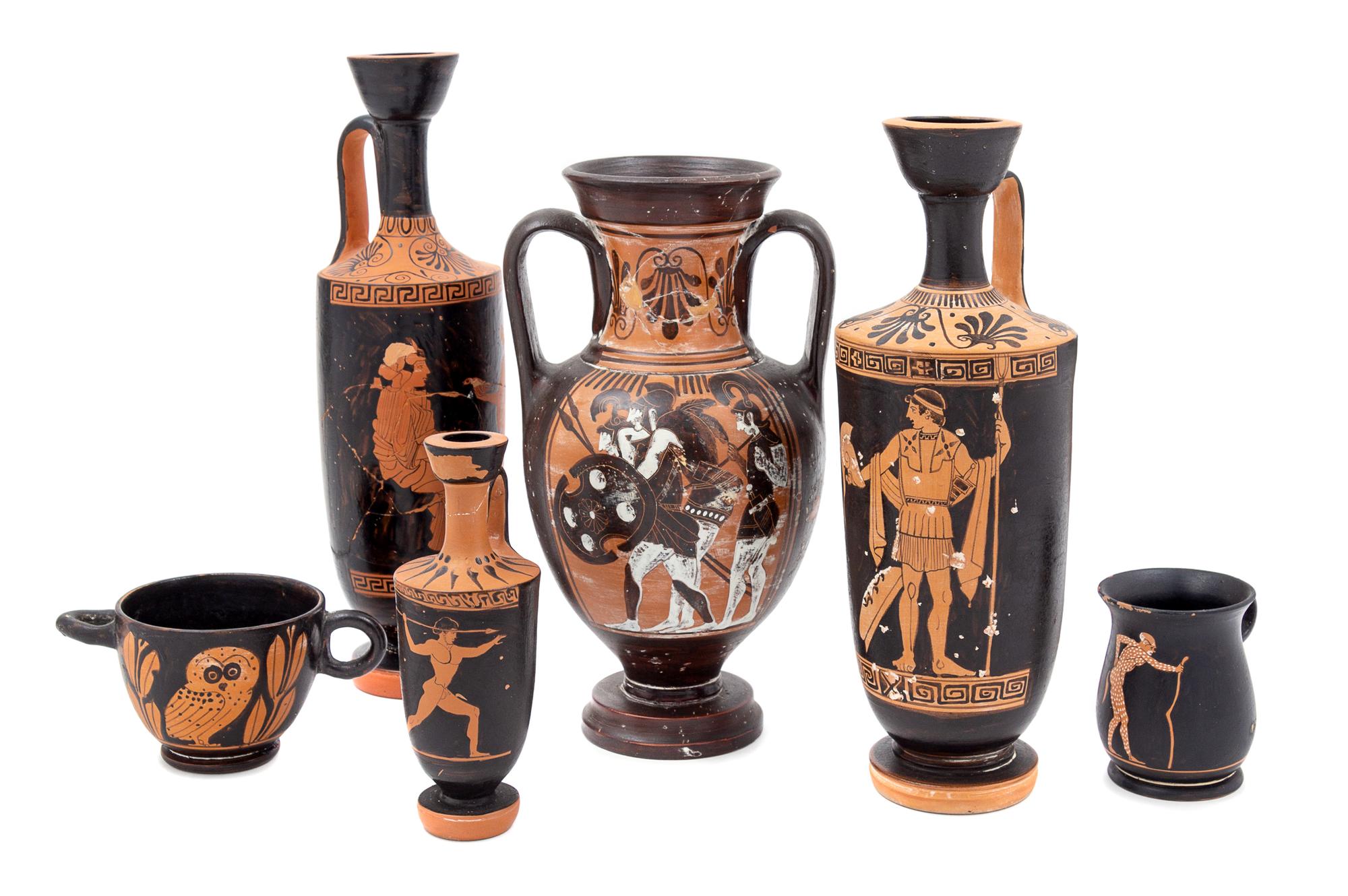 A Group of Six Terra Cotta Replicas of Attic Vases