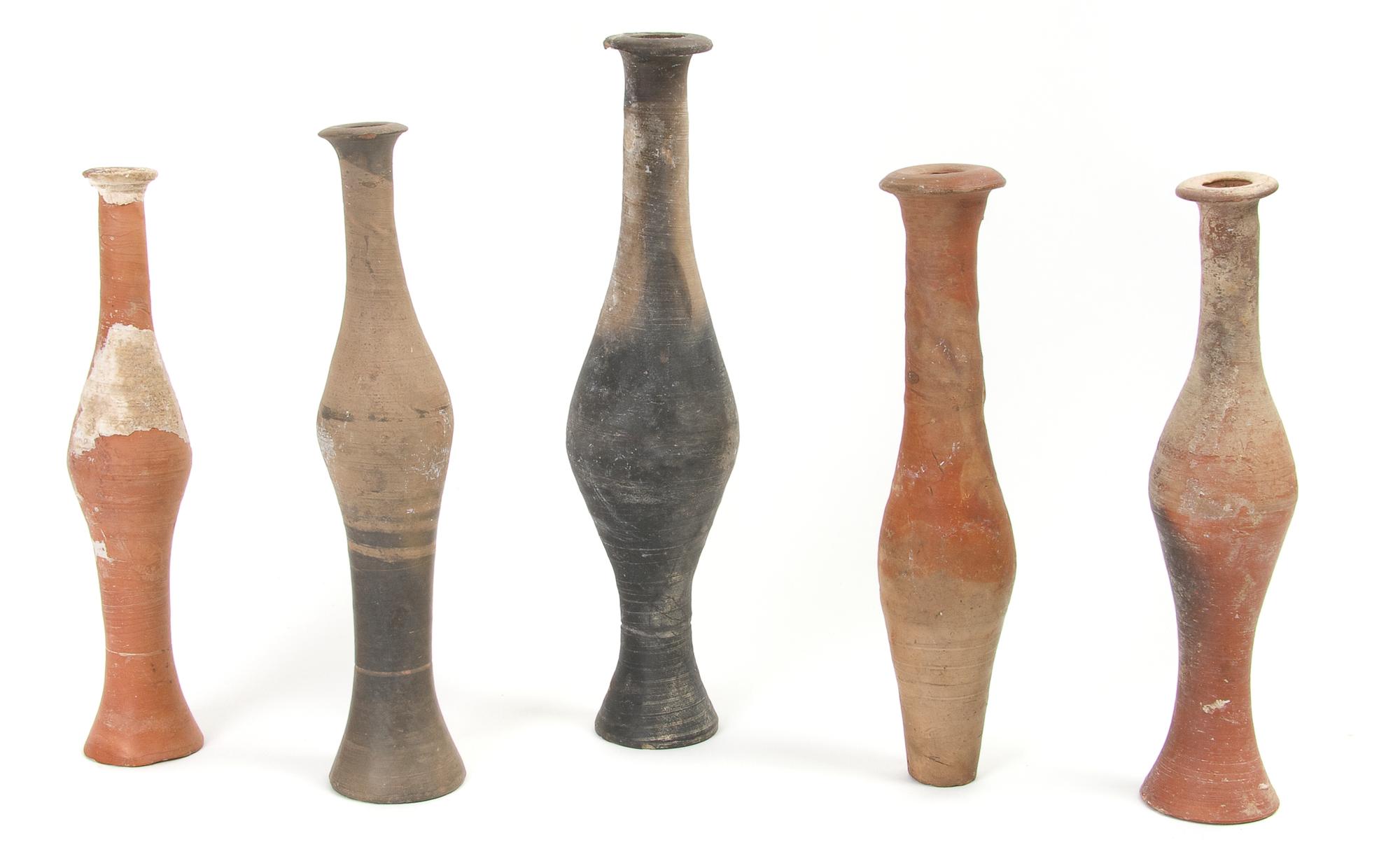 A Collection of Five Near East Earthenware Unguentariums, Height of tallest 9 5/8 inches.