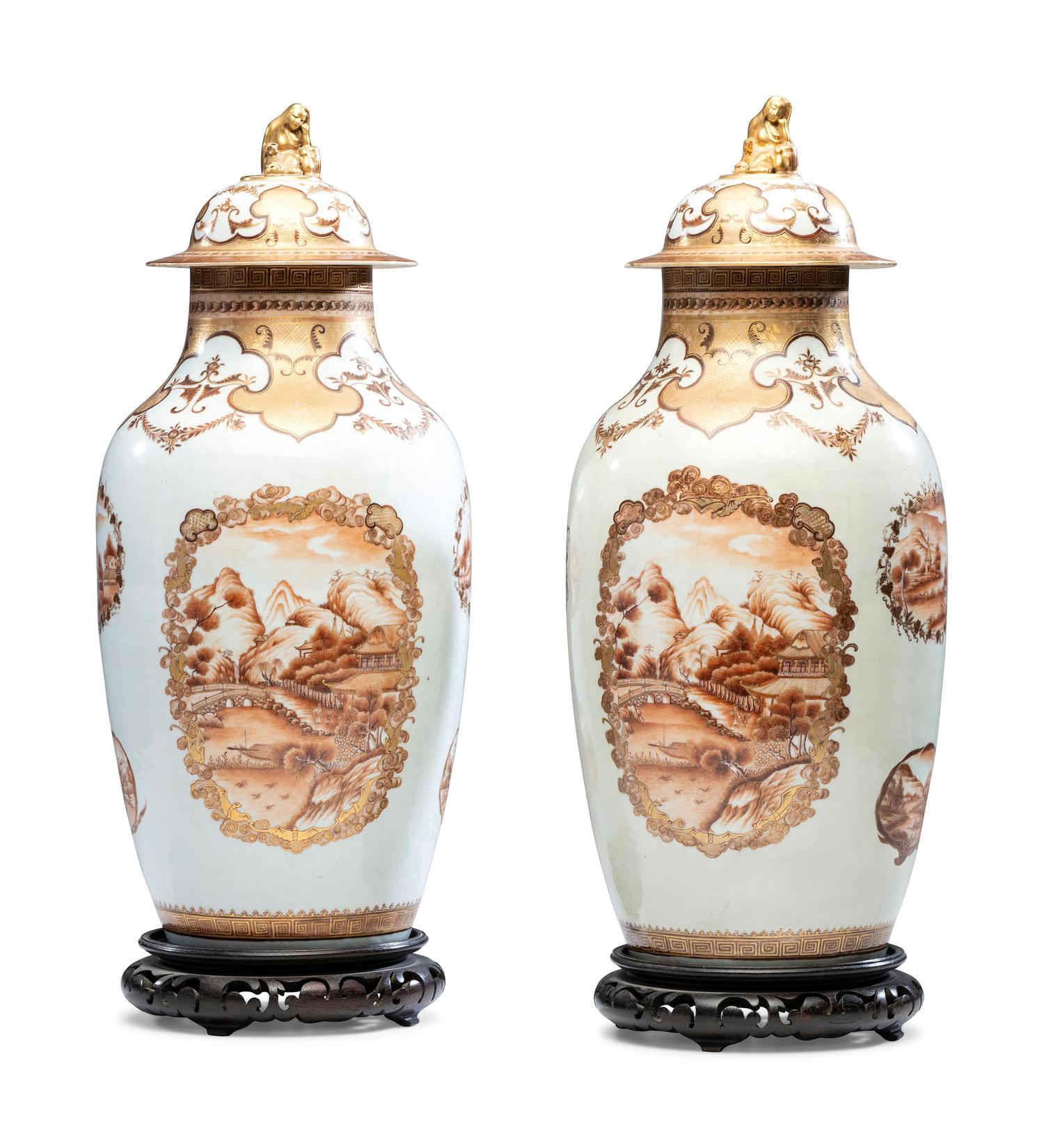 A Pair of Chinese Export Parcel Gilt and Sepia Decorated Porcelain Covered Urns