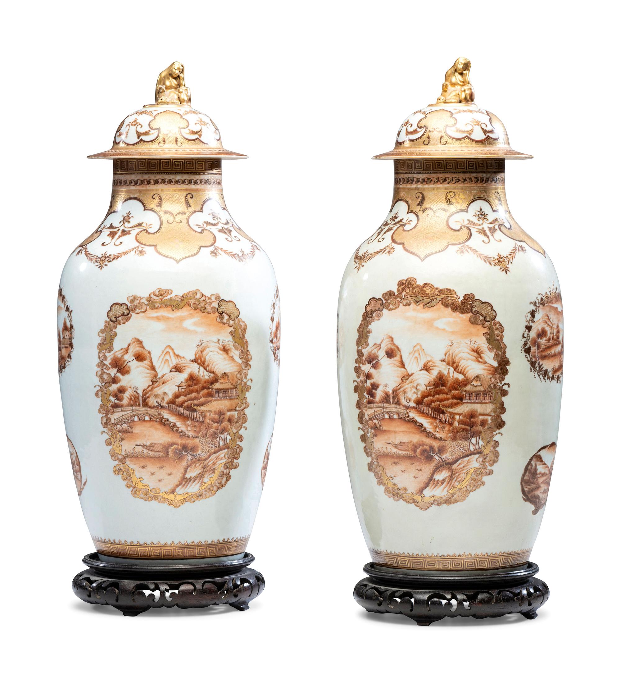 A Pair of Chinese Export Parcel Gilt and Sepia Decorated Porcelain Covered Urns