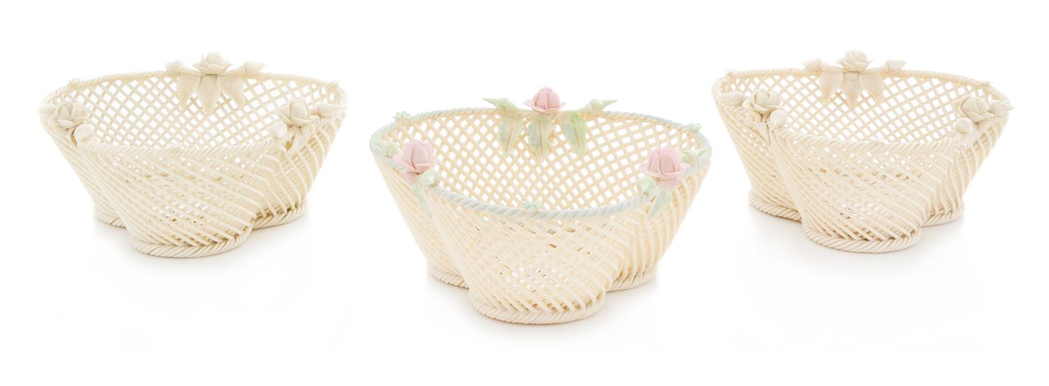 Three Belleek Four Strand Baskets Width of widest 5 1/2 inches.