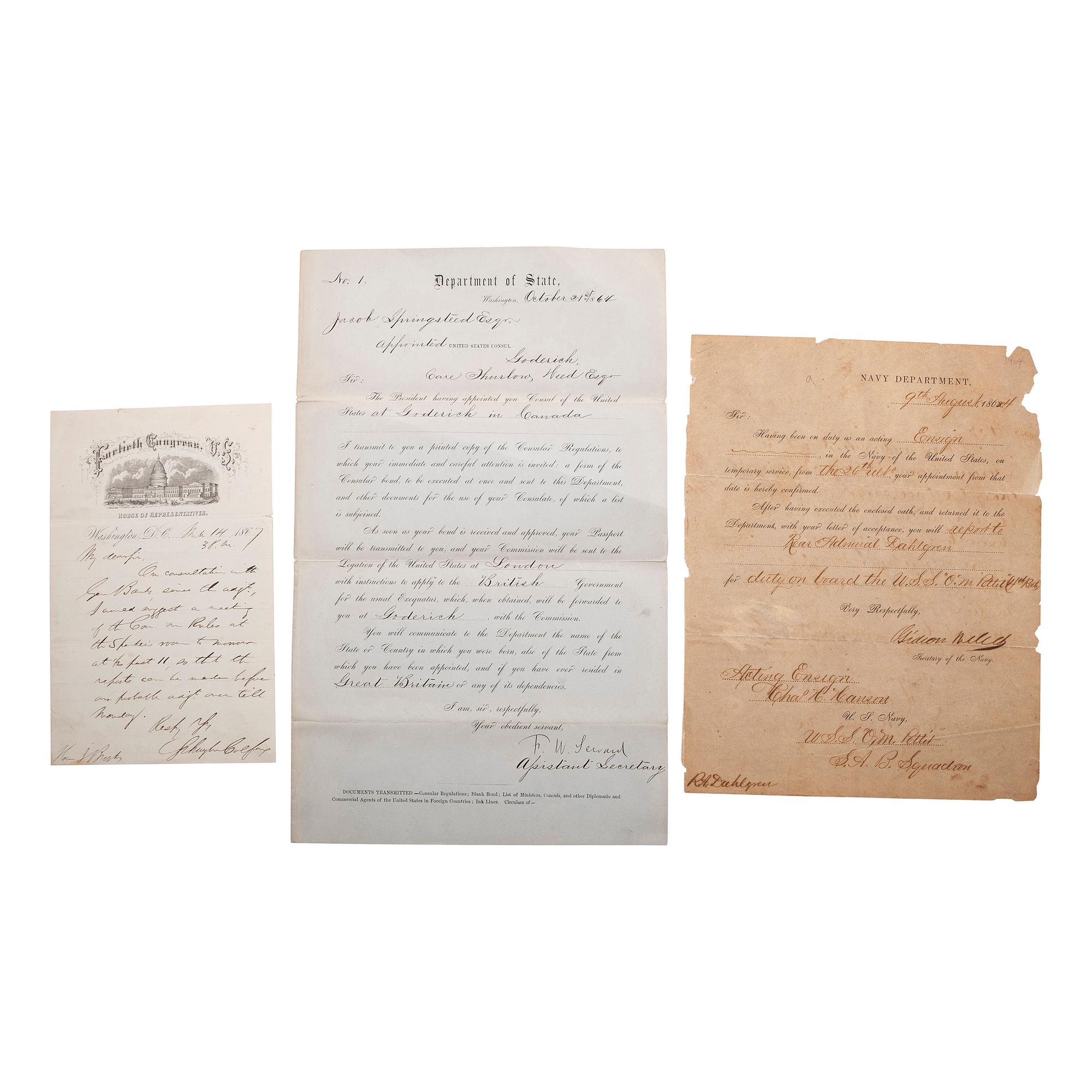 [AUTOGRAPHS & MANUSCRIPTS] -- [POLITICS]. WELLES, Gideon (1802-1878), Schuyler COLFAX (1823-1885), and F.W. SEWARD (1830-1915). A group of 3 autographs, comprising: