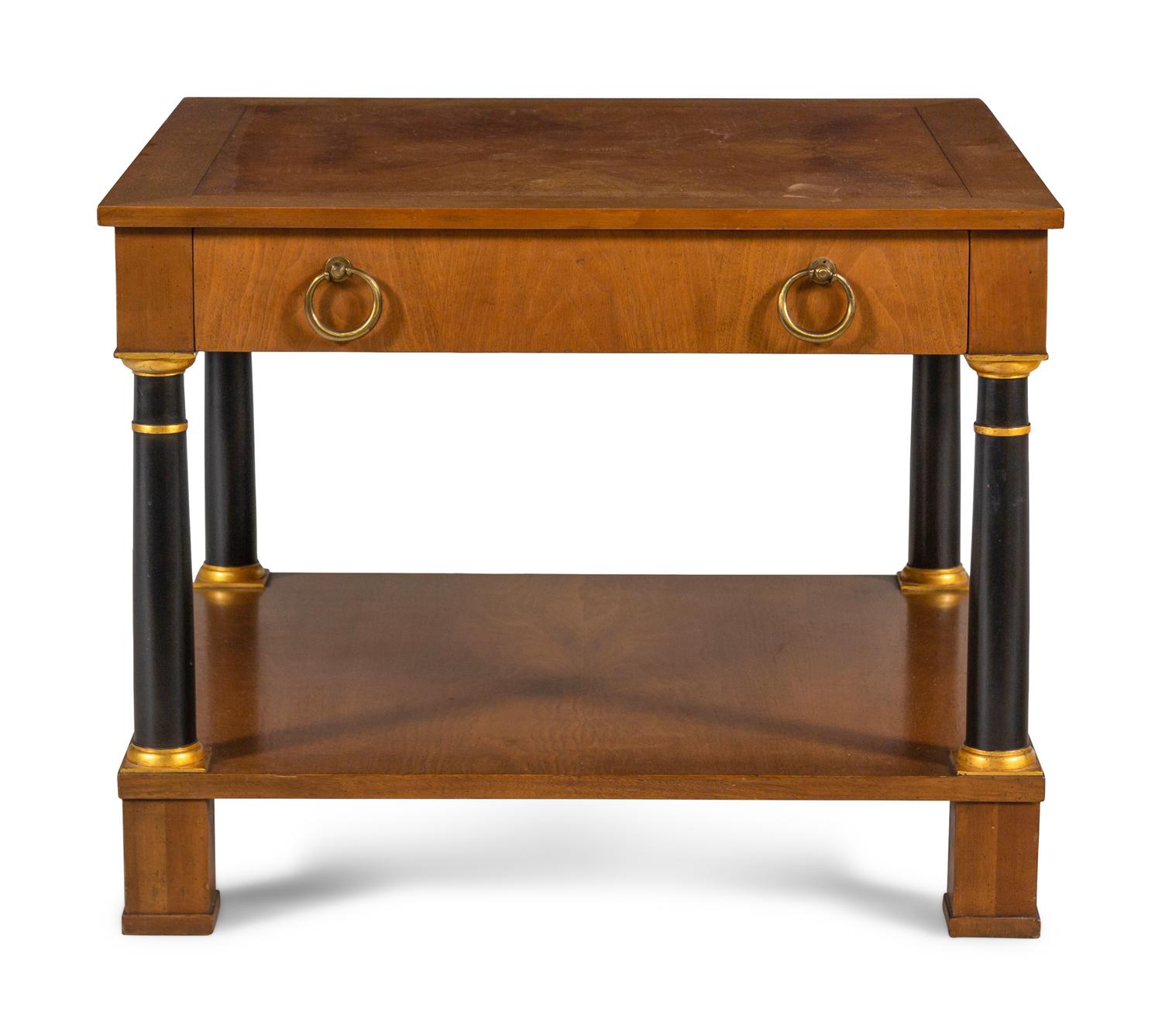 A Baker Walnut Side Table with Gilt and Ebonized Supports