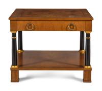 A Baker Walnut Side Table with Gilt and Ebonized Supports