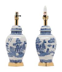 A Pair of Blue and White Porcelain Jars Mounted as Lamps